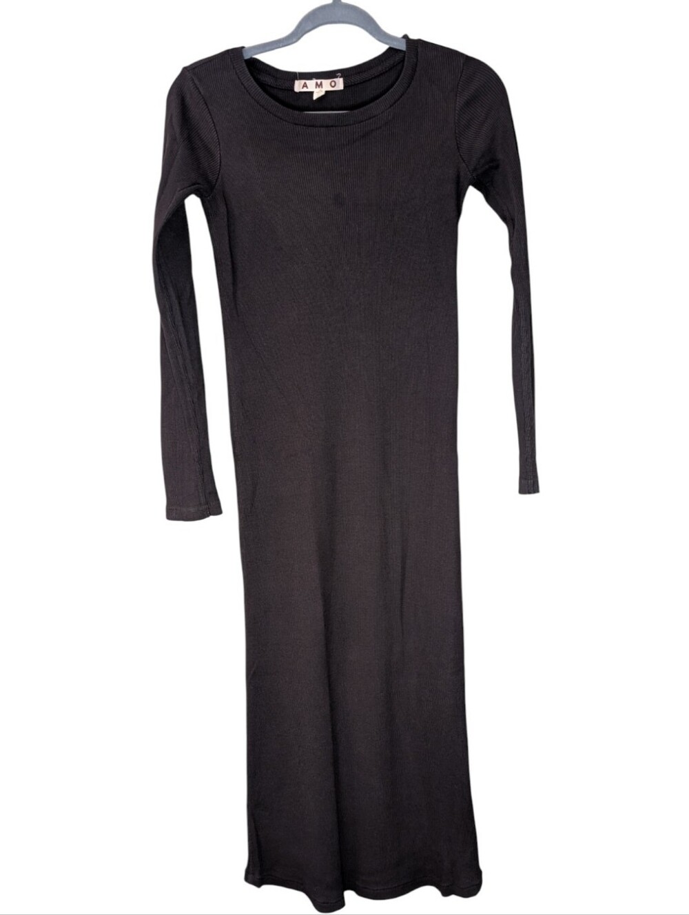 AMO Black Ribbed Long Sleeve Maxi Dress cotton size XS Crewneck fitted USA flaw